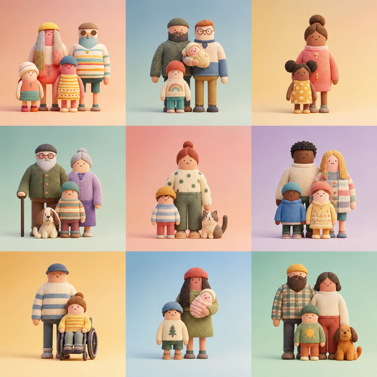 Neun gestrickte Familien in einem Raster: Eltern, Großeltern, Kinder, Babys, ein Hund, eine Katze, ein Rollstuhl