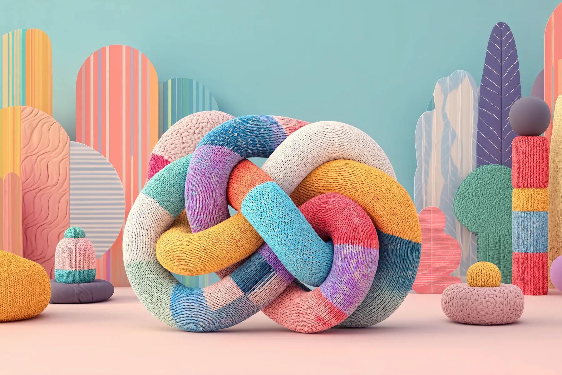 Ein bunter, weich gestrickter Knoten vor pastellfarbenen Bögen und Säulen