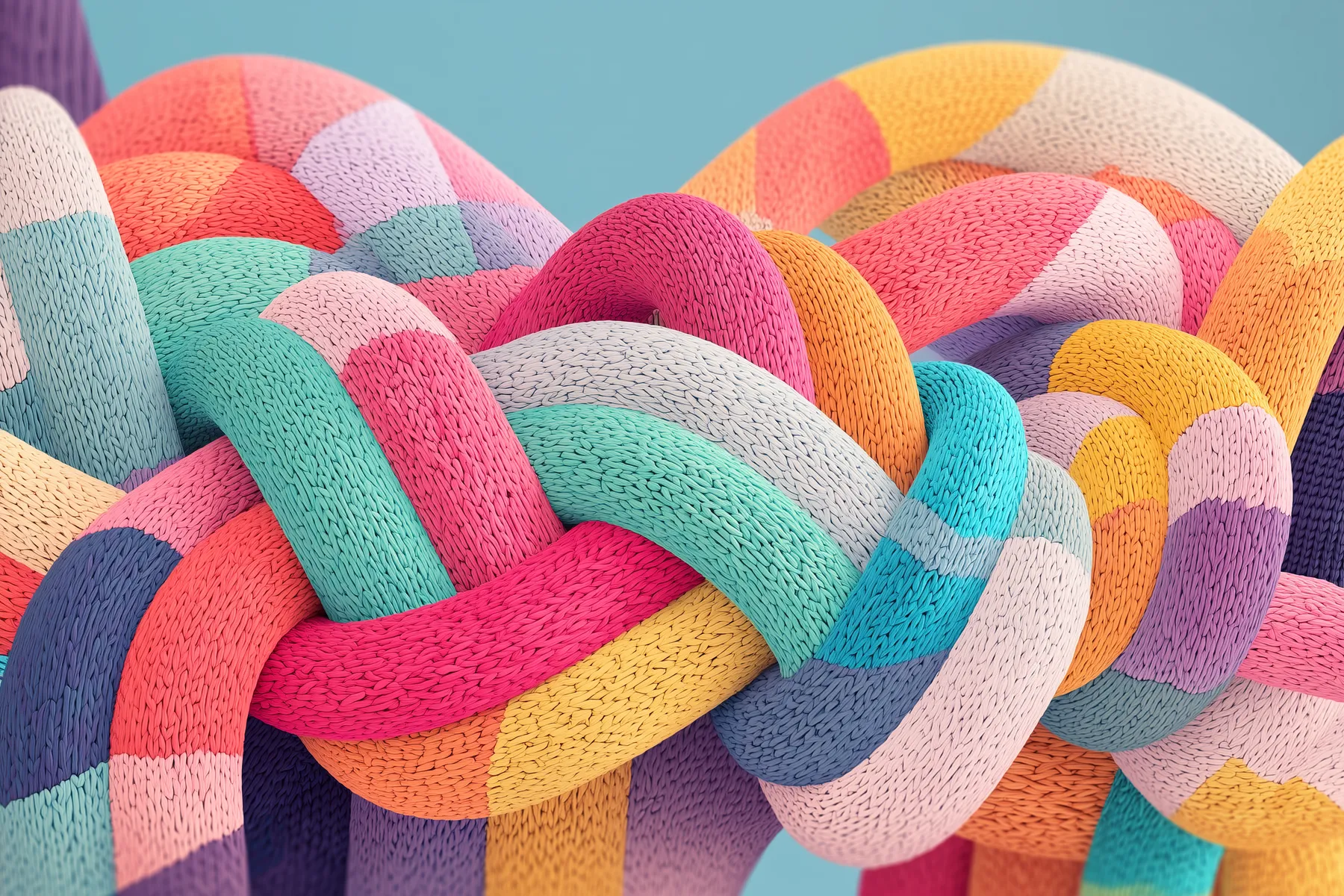 Viele bunte Strickknoten, dicht ineinander verschlungen